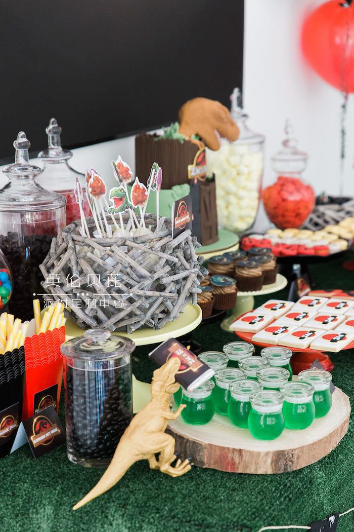 Sweet Table Details from a Jurassic Park Dinosaur Birthday Party via Kara