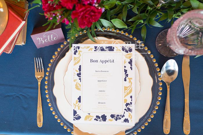 Place setting + menu card from a Beauty and the Beast Inspired Wedding on Kara